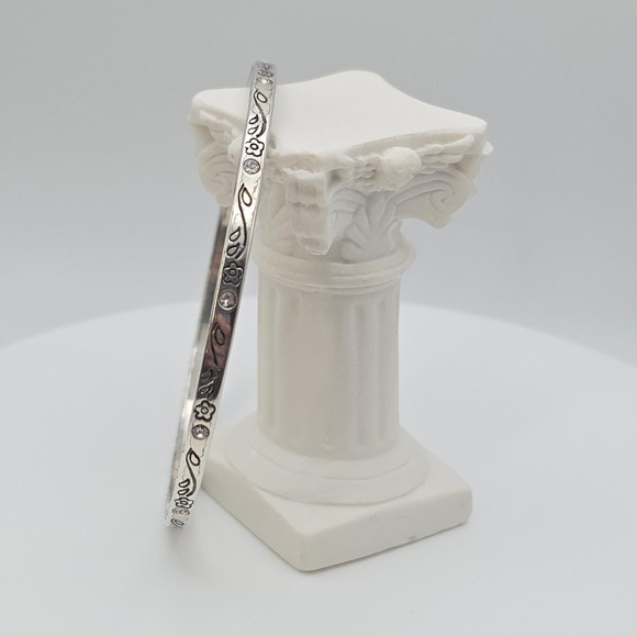Brighton Jewelry - BRIGHTON Floral Thin Bangle Bracelet 12 Crystals Scrollwork Silver Plate 8"